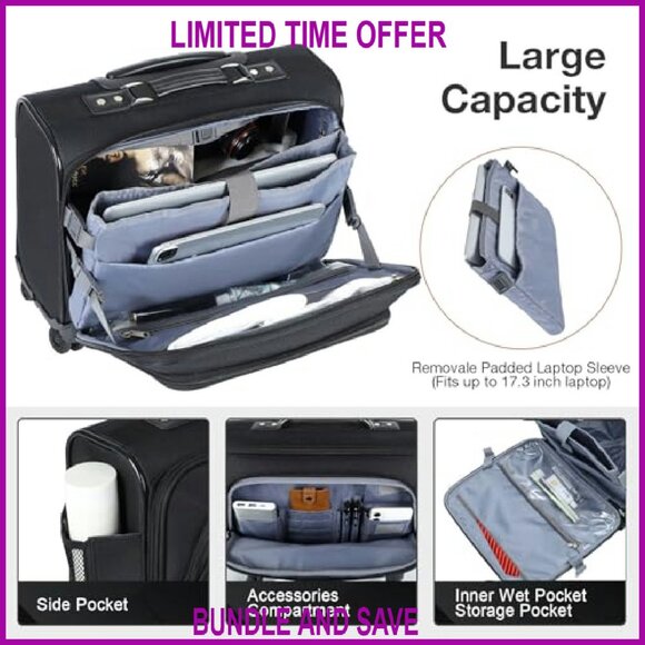 Rolling Laptop Briefcase with Wheels Fits 15.6 Inch Computer Water Resistant - Picture 4 of 7